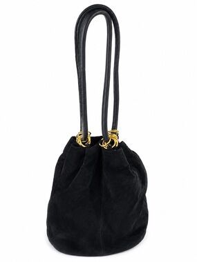Saddle River Black Suede Leather Bucket Shoulder Bag Gold Hardware